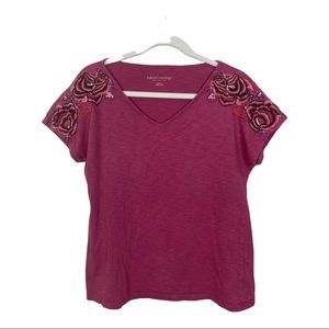 Soft Surroundings Size Medium Pink Floral Embroidered Beaded V-Neck Shirt